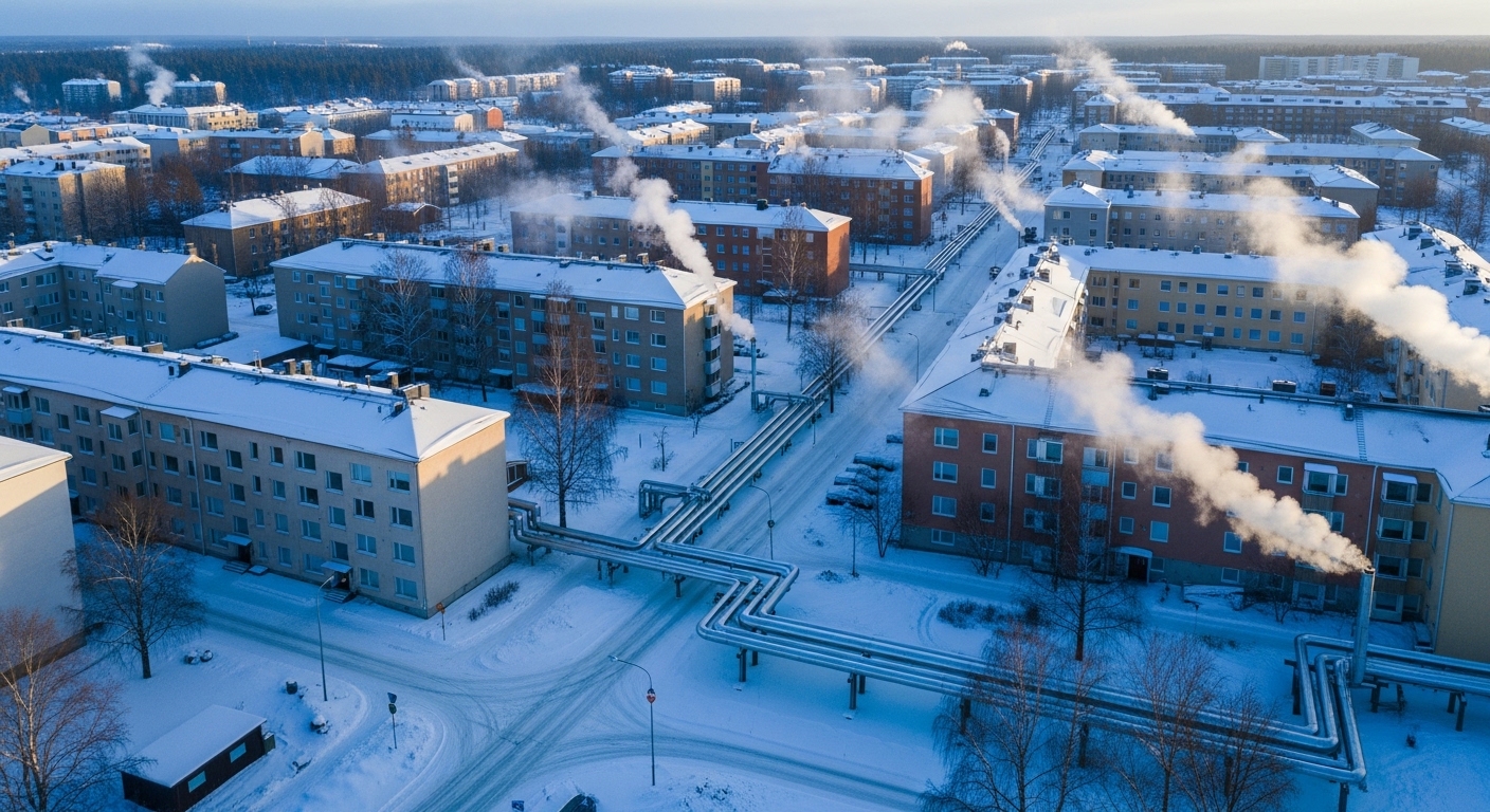 Finnish district heating network in snowy urban area