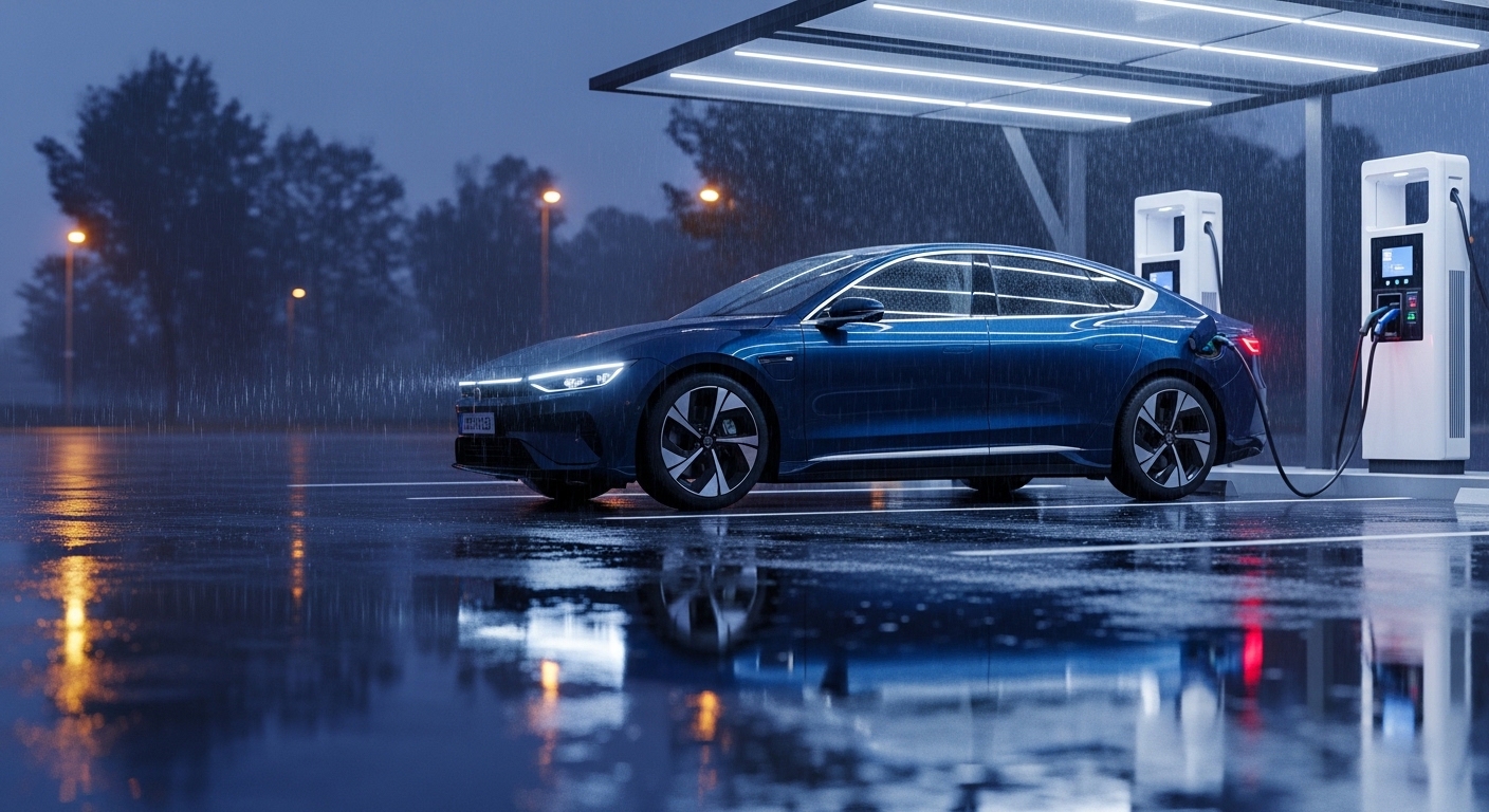 Electric car charging at fast-charging station at night