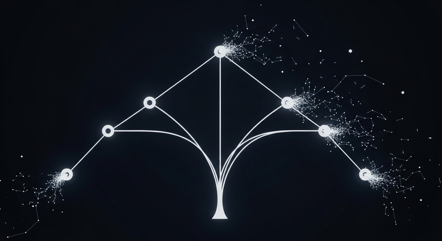 Branching AI reasoning chain diagram with fading nodes