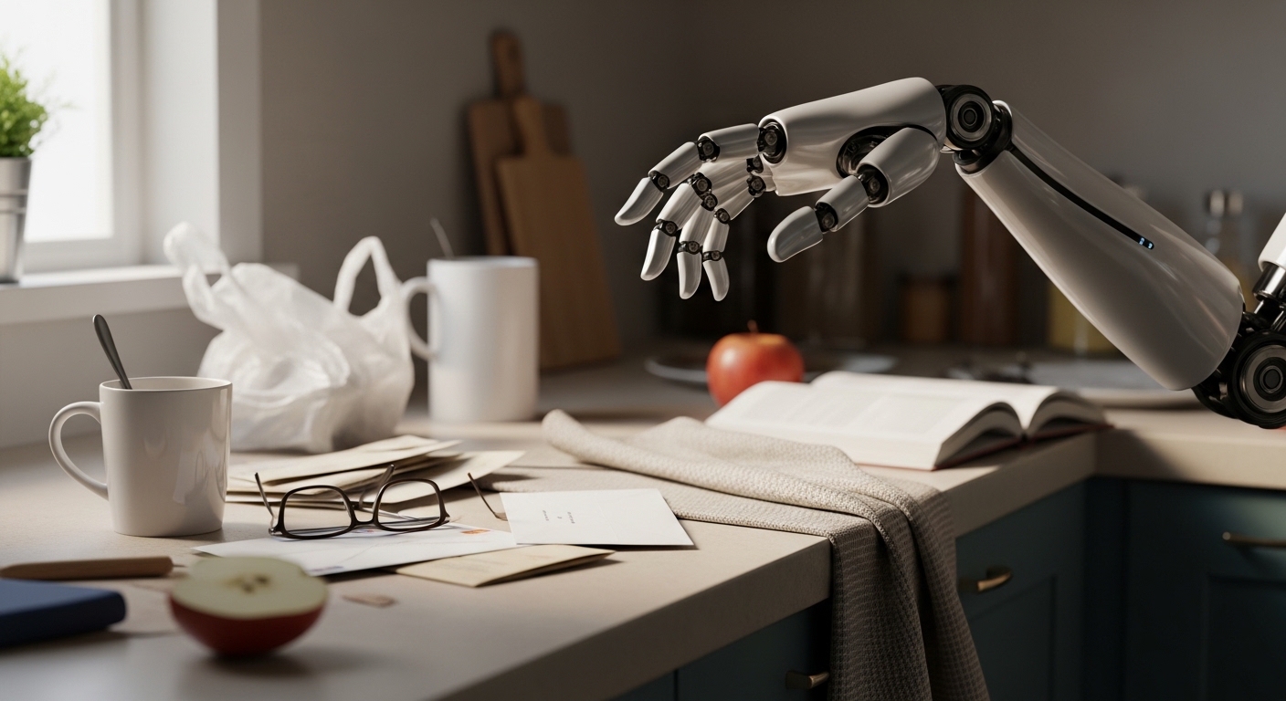 Robot arm struggling to grasp objects on kitchen counter