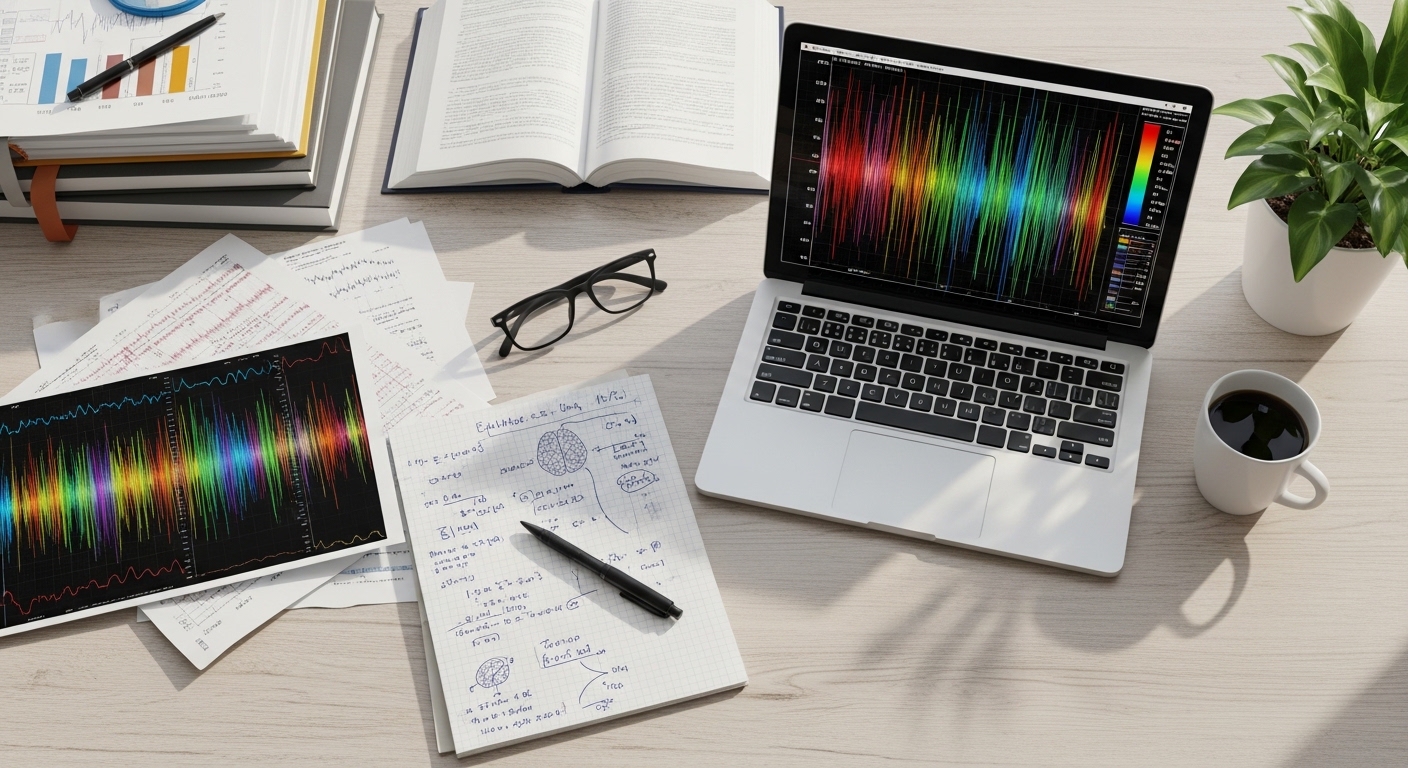 Meja peneliti dengan data sinyal otak dan grafik EEG