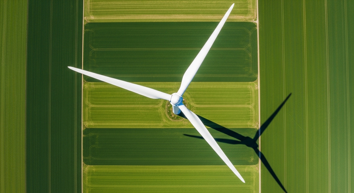 Drohnenaufnahme von oben auf einen Windturbinenrotor