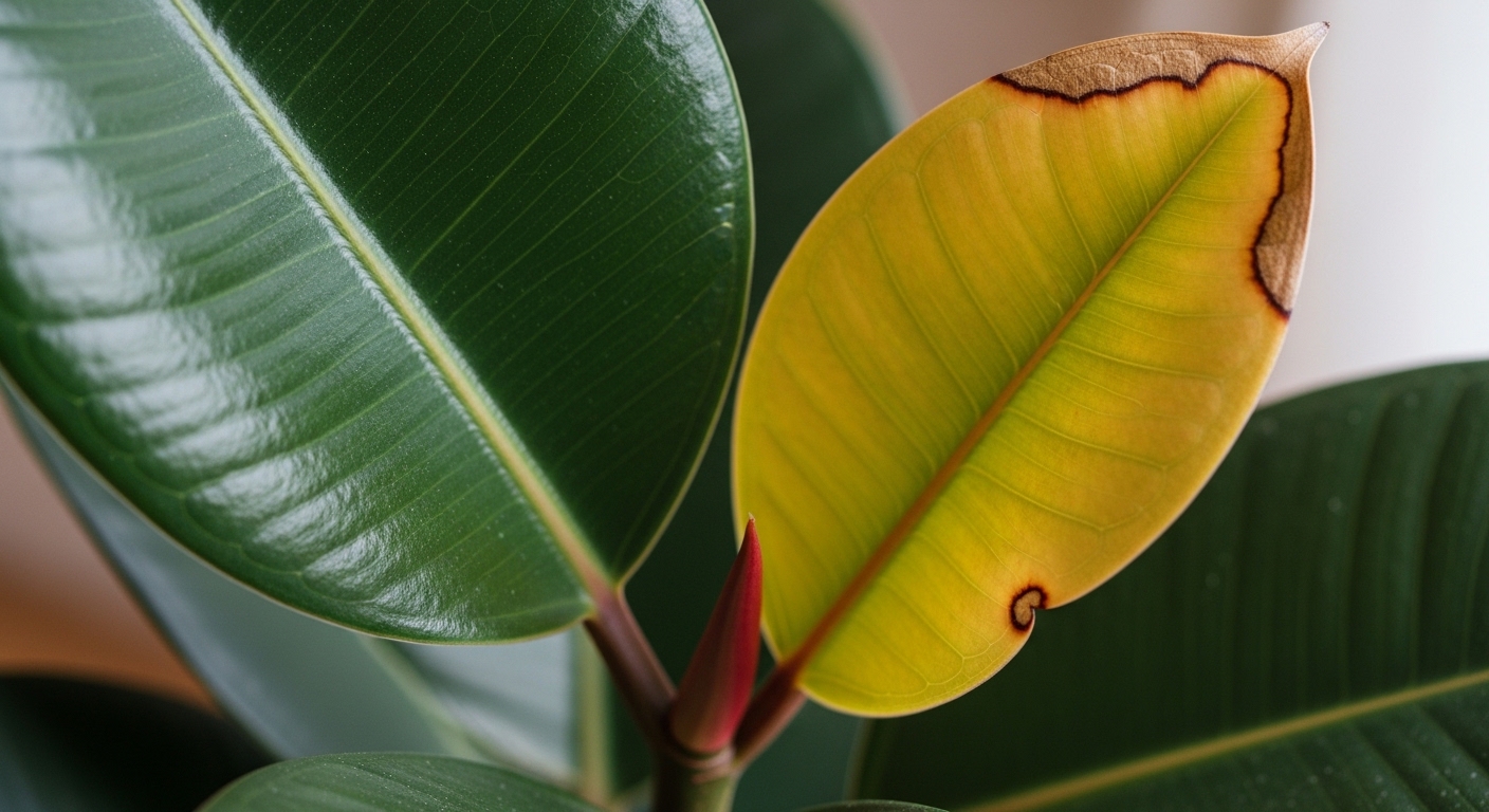 Ficus elastica leaf showing yellowing and brown tip — common care problems illustrated.