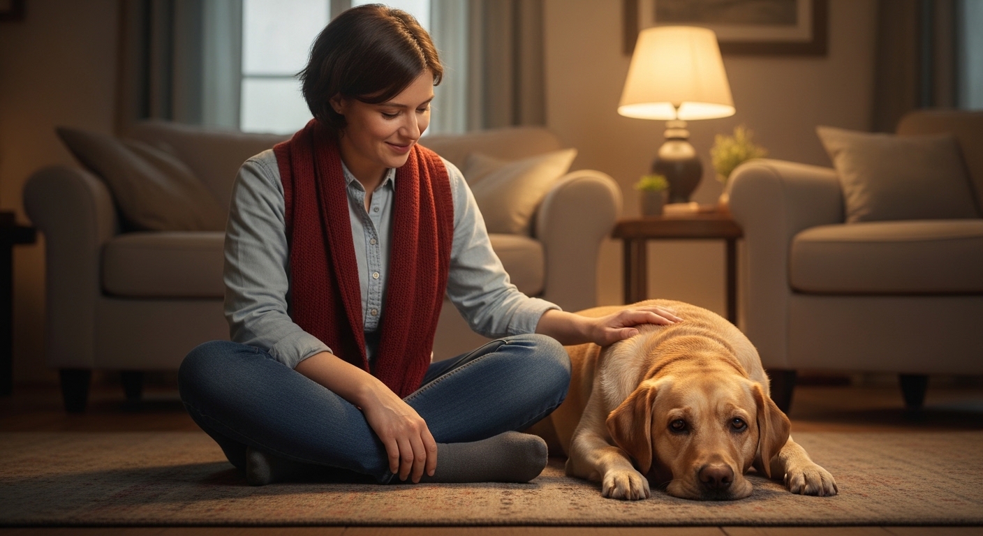 owner calmly observing relaxed labrador in cozy living room