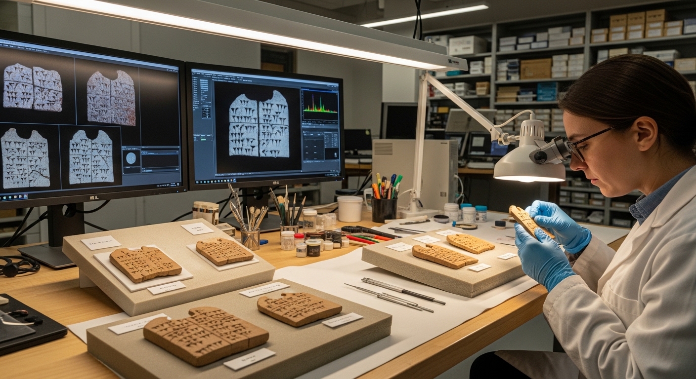 Researcher examining cuneiform tablets in conservation lab