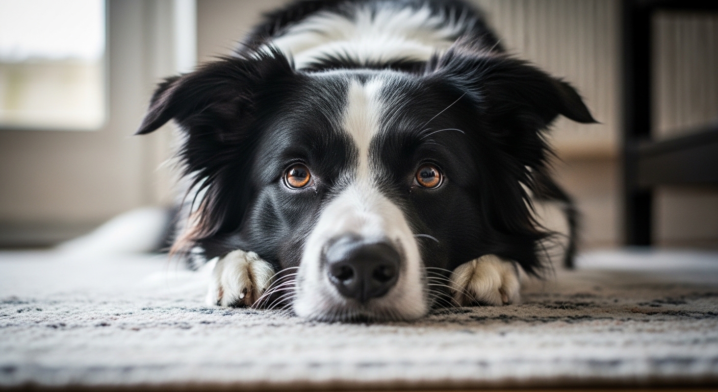 border collie lying flat on rug with dramatic pleading expression
