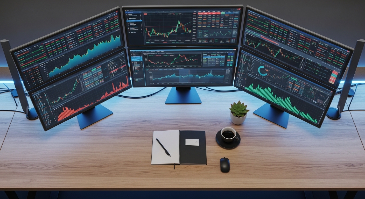 Mesa de trabalho com dashboards financeiros digitais