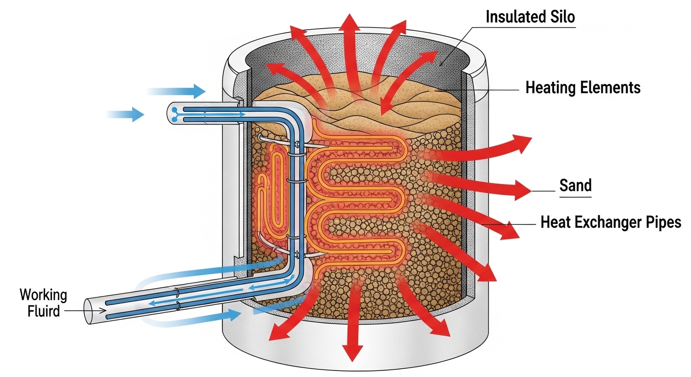 Cross-section diagram of sand battery thermal system