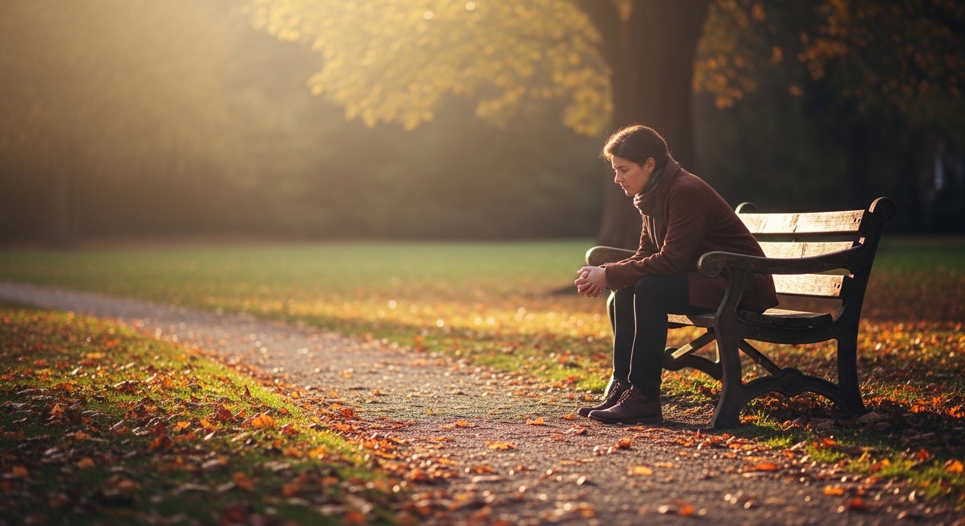 Person sitting alone on park bench in autumn