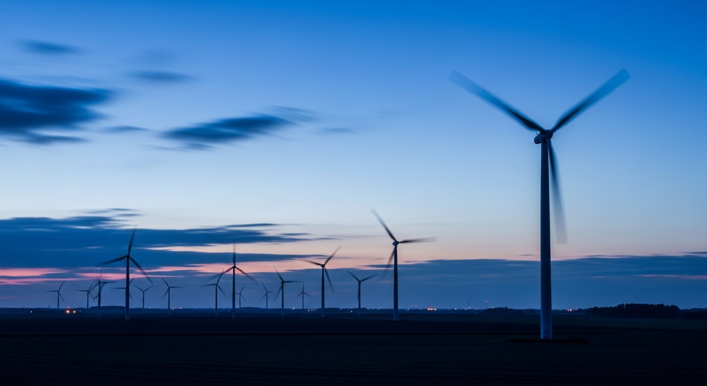 Windpark in der Abenddämmerung über Agrarlandschaft
