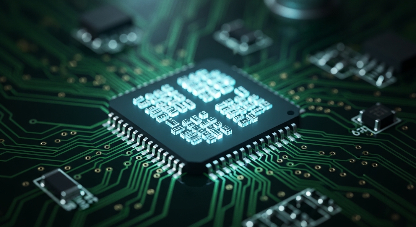 Close-up of a glowing microchip on a circuit board