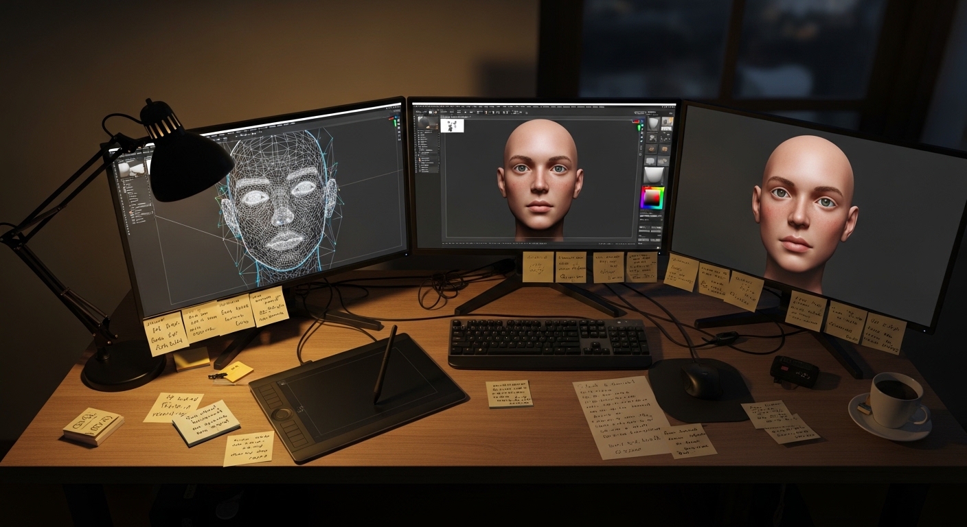 3Dキャラクターをモデリングするデジタルアーティストの作業環境