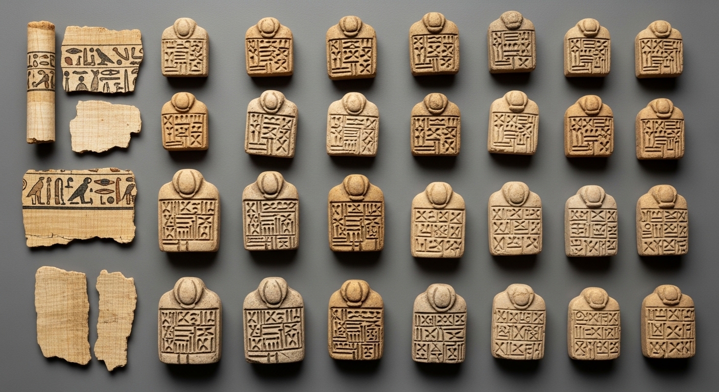 Overhead view of various ancient writing samples