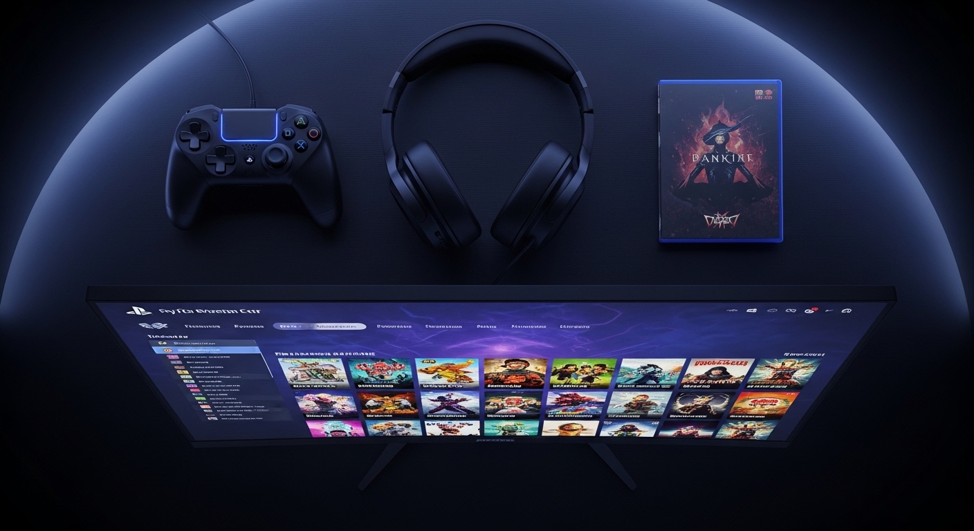 Setup de gaming con mando, auriculares y juego físico