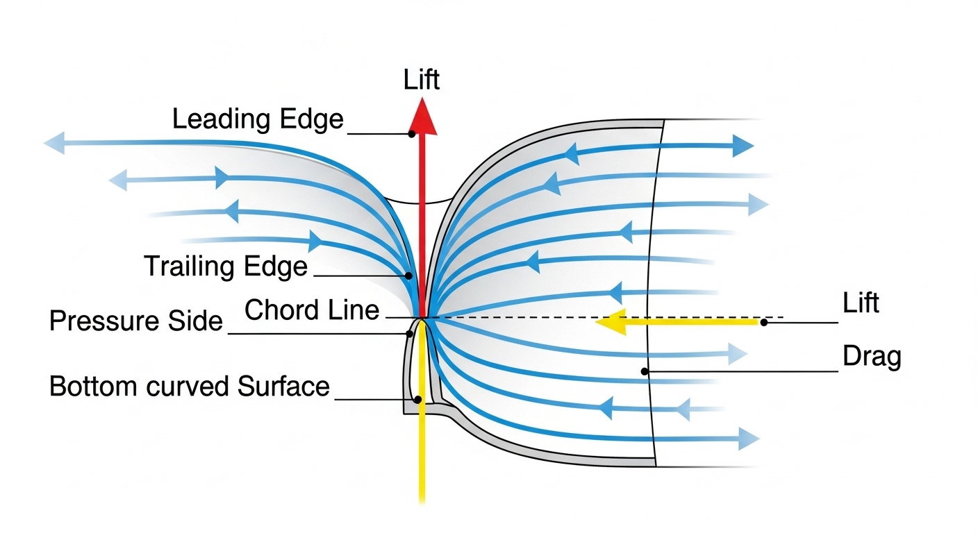 Diagramm des Auftriebs an einem Rotorblatt