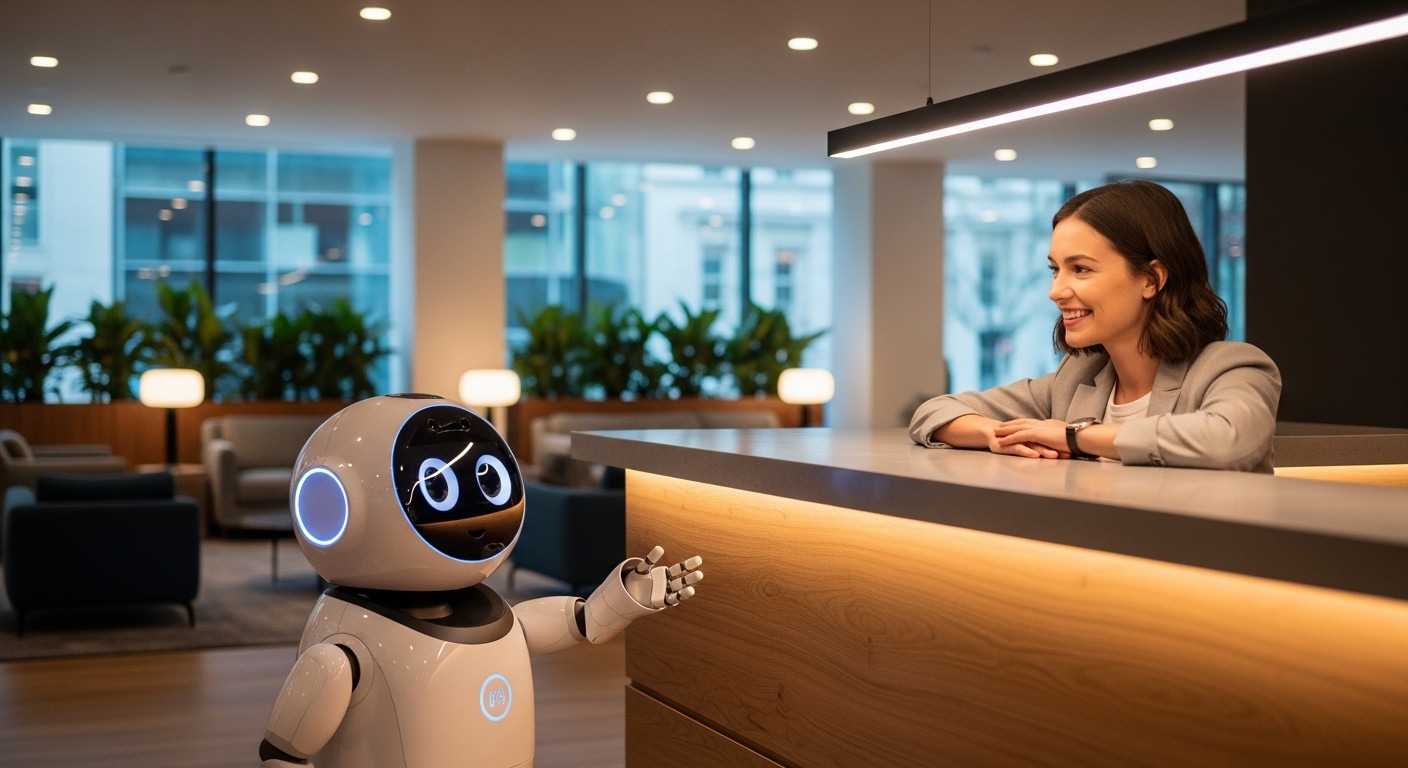 受付ロボットと対話する人物