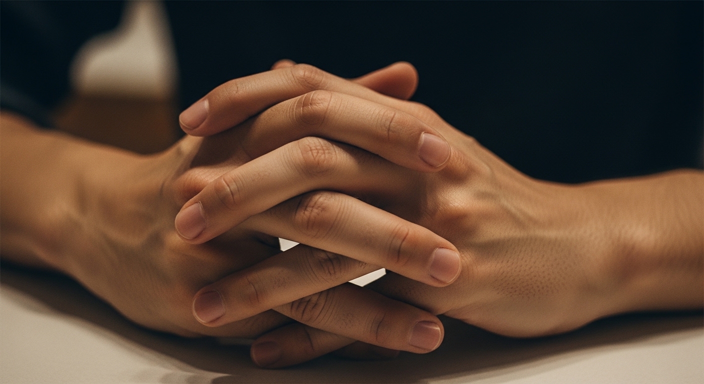 Hands resting on table in quiet reflection