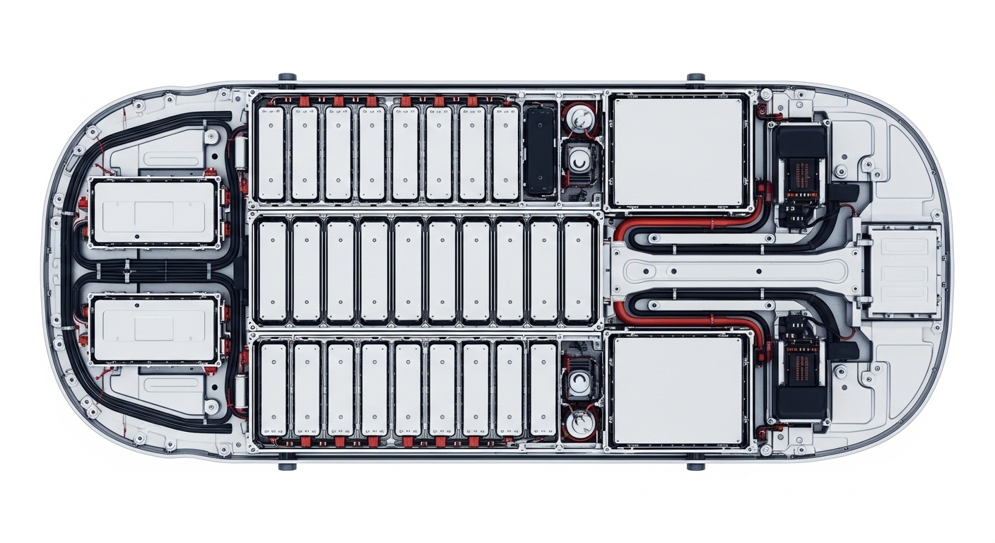 Overhead view of electric vehicle battery pack layout
