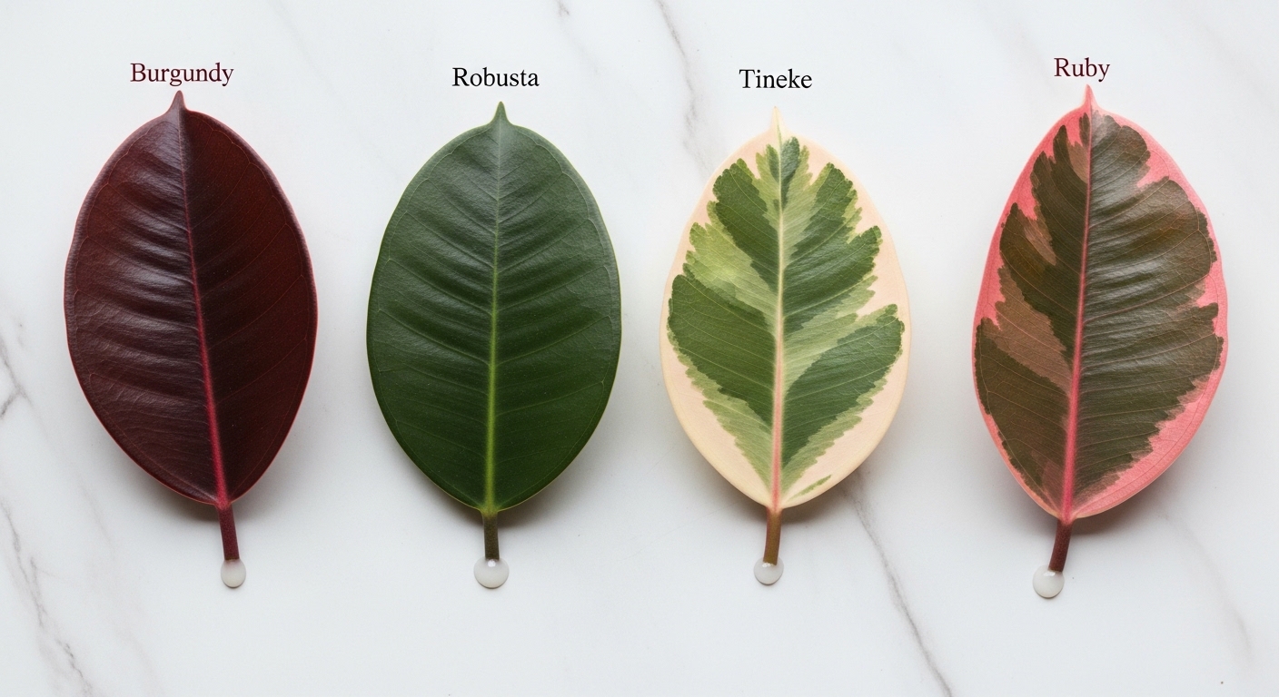 Four Ficus elastica cultivar leaves arranged flat on white marble surface.
