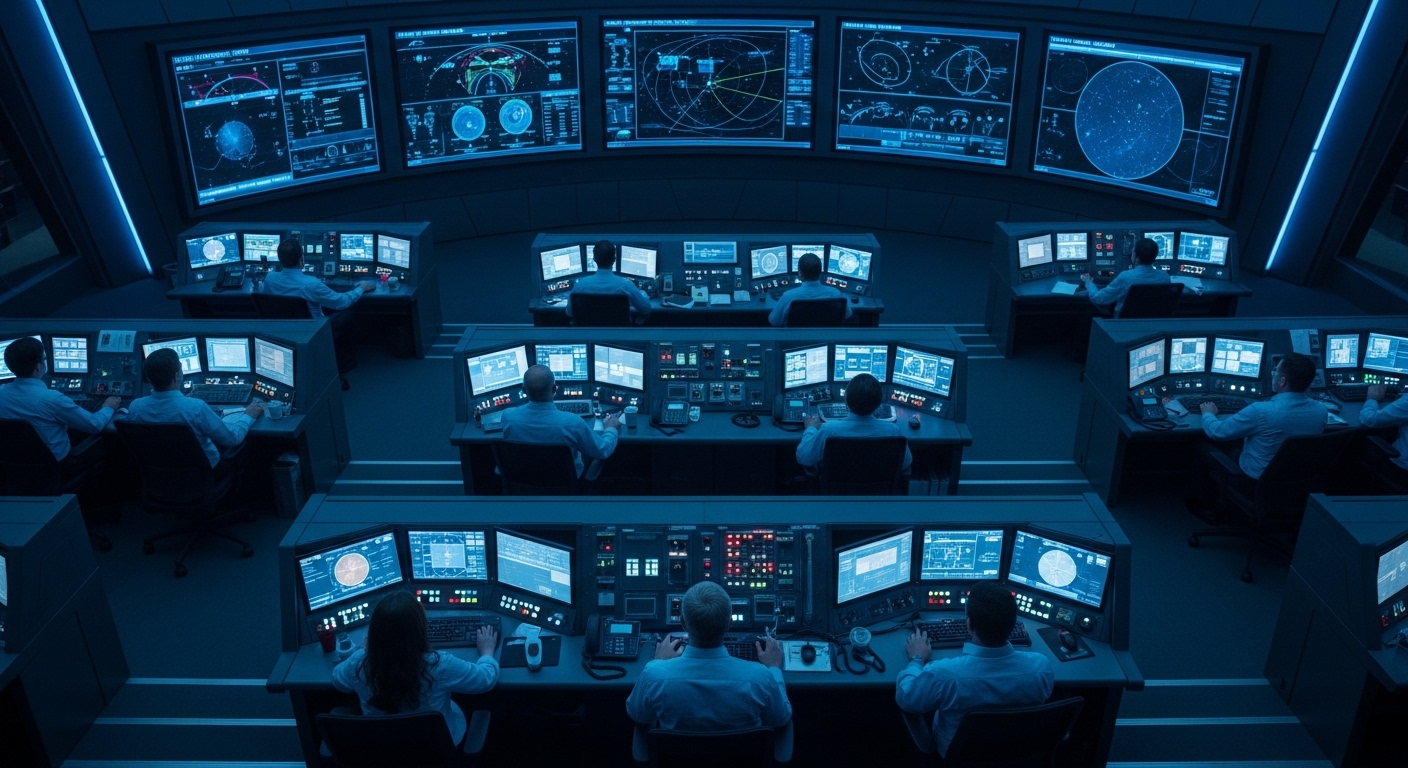 Salle de contrôle de mission spatiale avec données orbitales