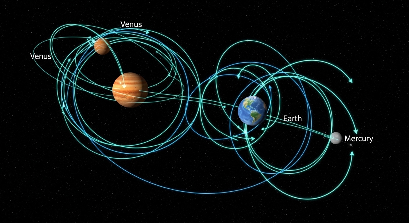 Trajectoire en spirale d'une sonde vers Mercure