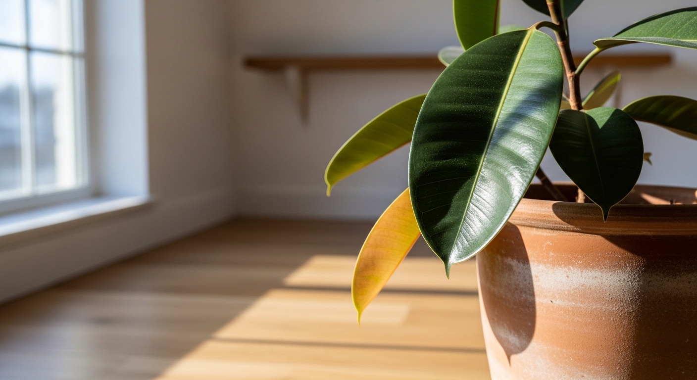 Ficus elastica Robusta in terracotta pot near a bright winter window on oak floor.