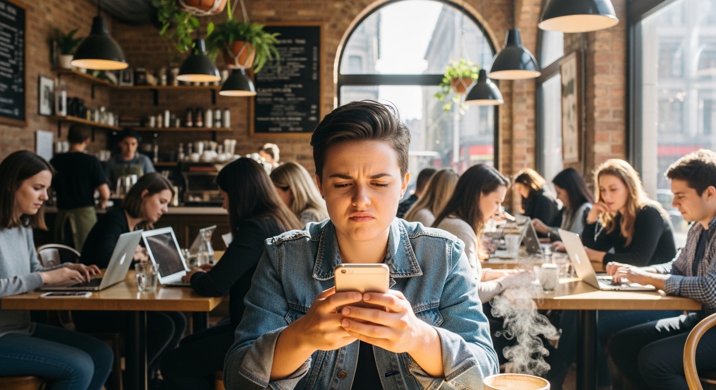 Persona escéptica revisando su teléfono en cafetería concurrida