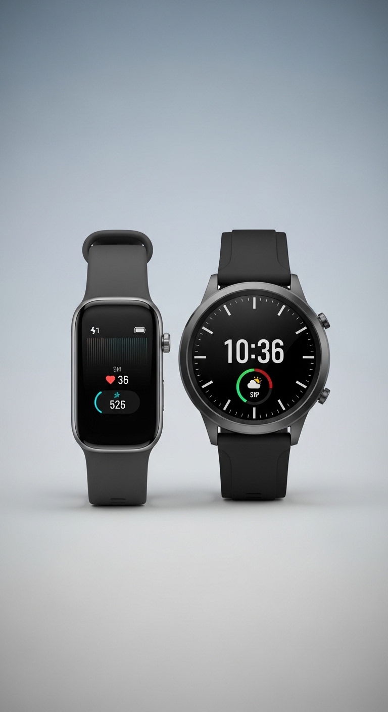 Smartband dan smartwatch berdiri tegak dengan latar gradien biru