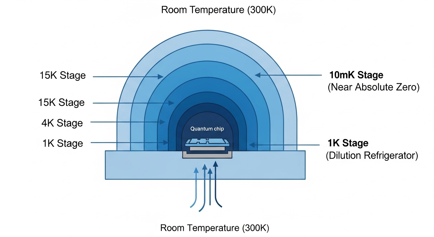 Cross-section diagram of quantum computer cooling layers