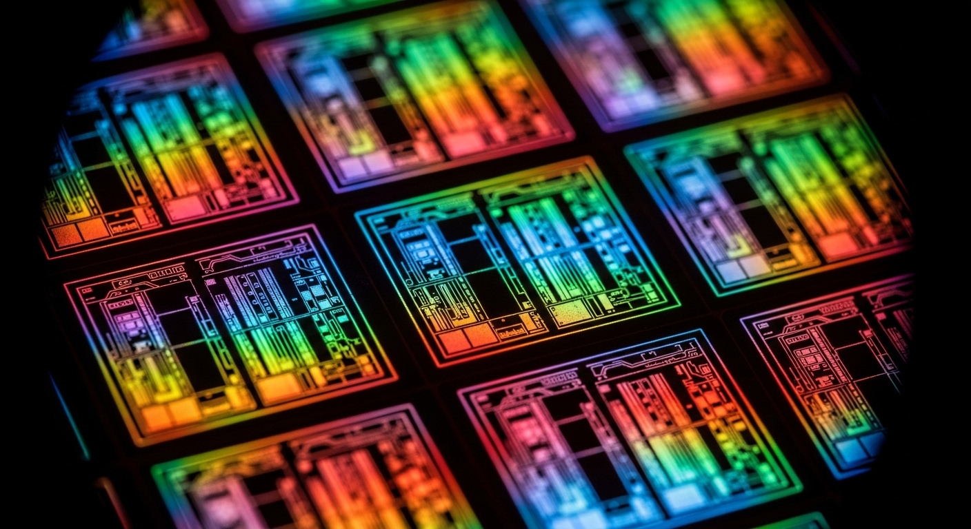 Iridescent silicon wafer with chip grid patterns