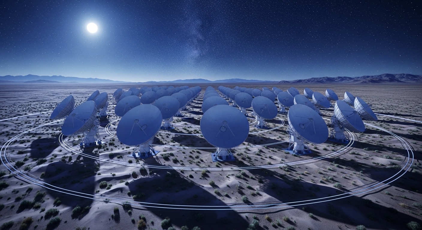 Große Parabolantenne des Deep Space Network bei Nacht