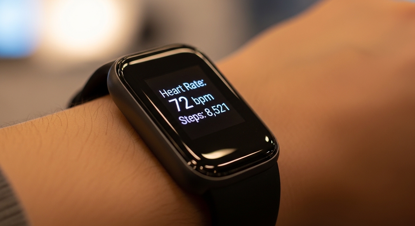 Smartband di pergelangan tangan menampilkan data detak jantung