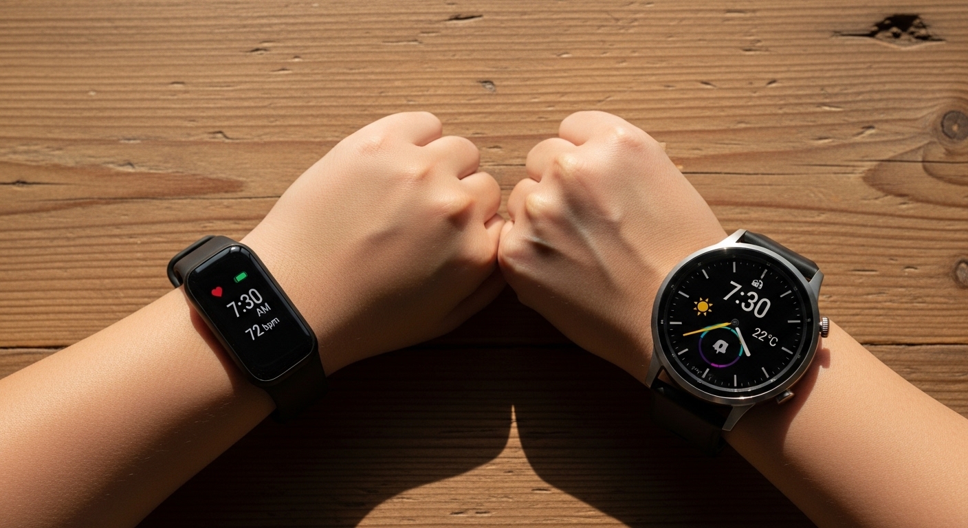 Dua pergelangan tangan dengan smartband dan smartwatch dari atas