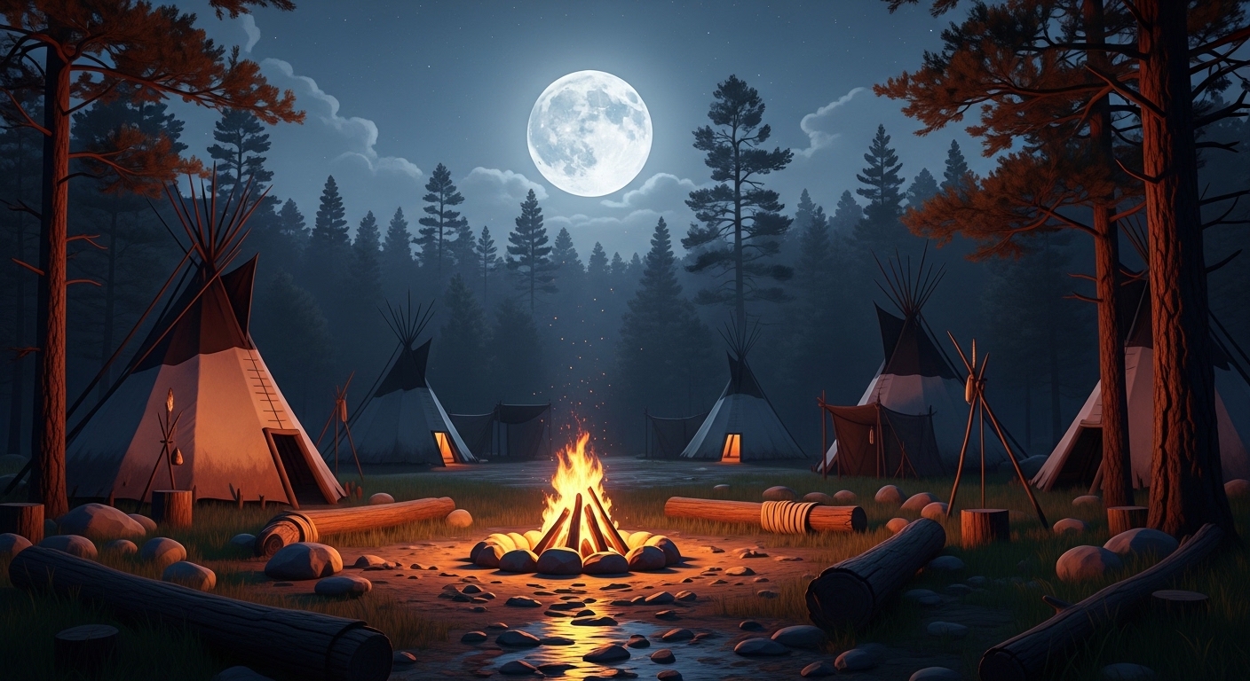 Acampamento indígena noturno com lua cheia sobre floresta