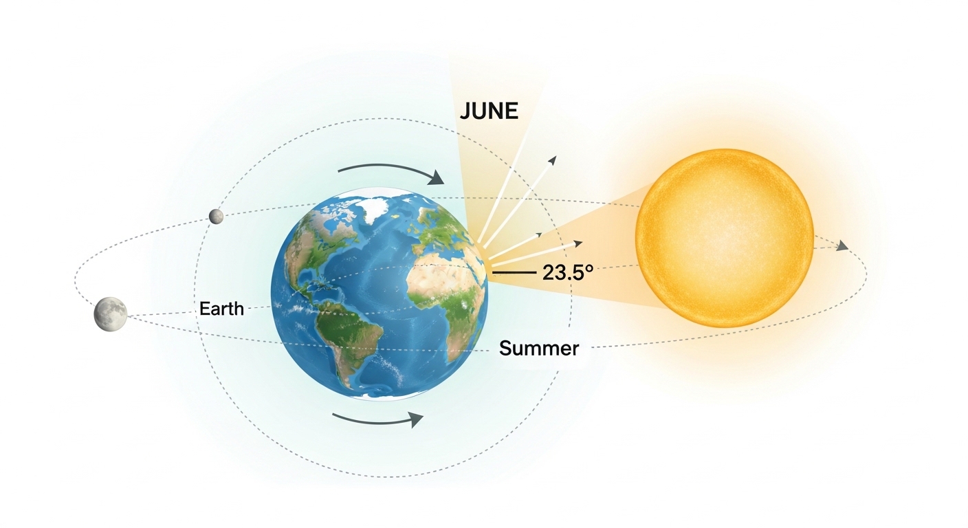 Diagrama da inclinação da Terra e posição da lua cheia em junho