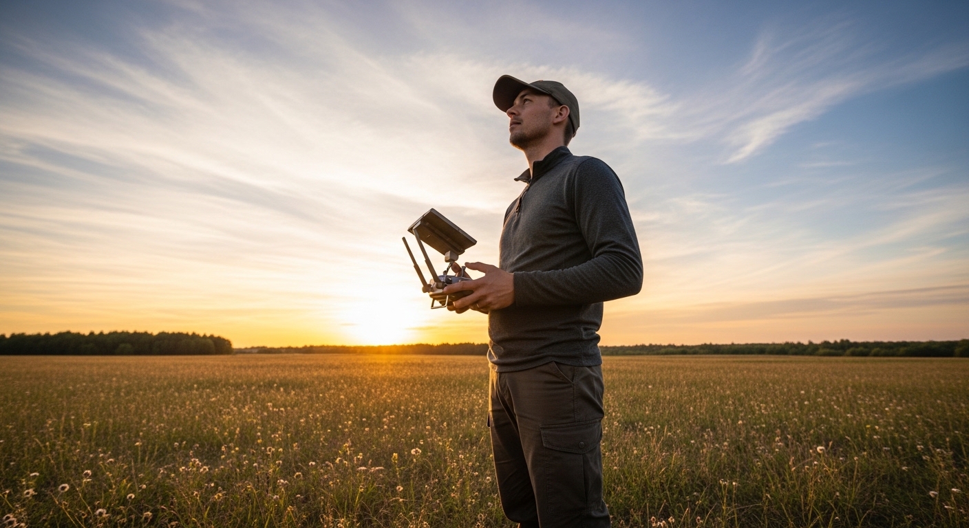Drone pilot operating remote controller outdoors