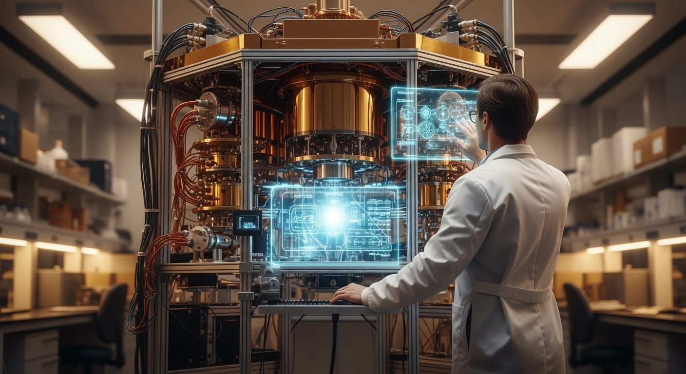 Scientist working near large quantum computer system