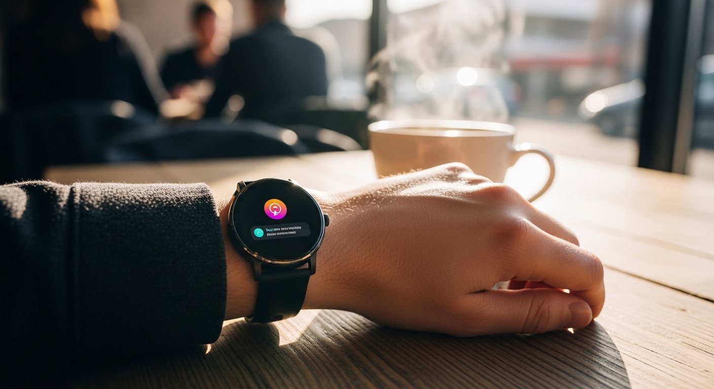 Smartwatch di pergelangan tangan di meja kafe dengan notifikasi