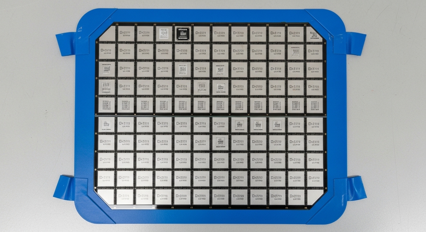 Overhead view of diced silicon wafer with chip grid