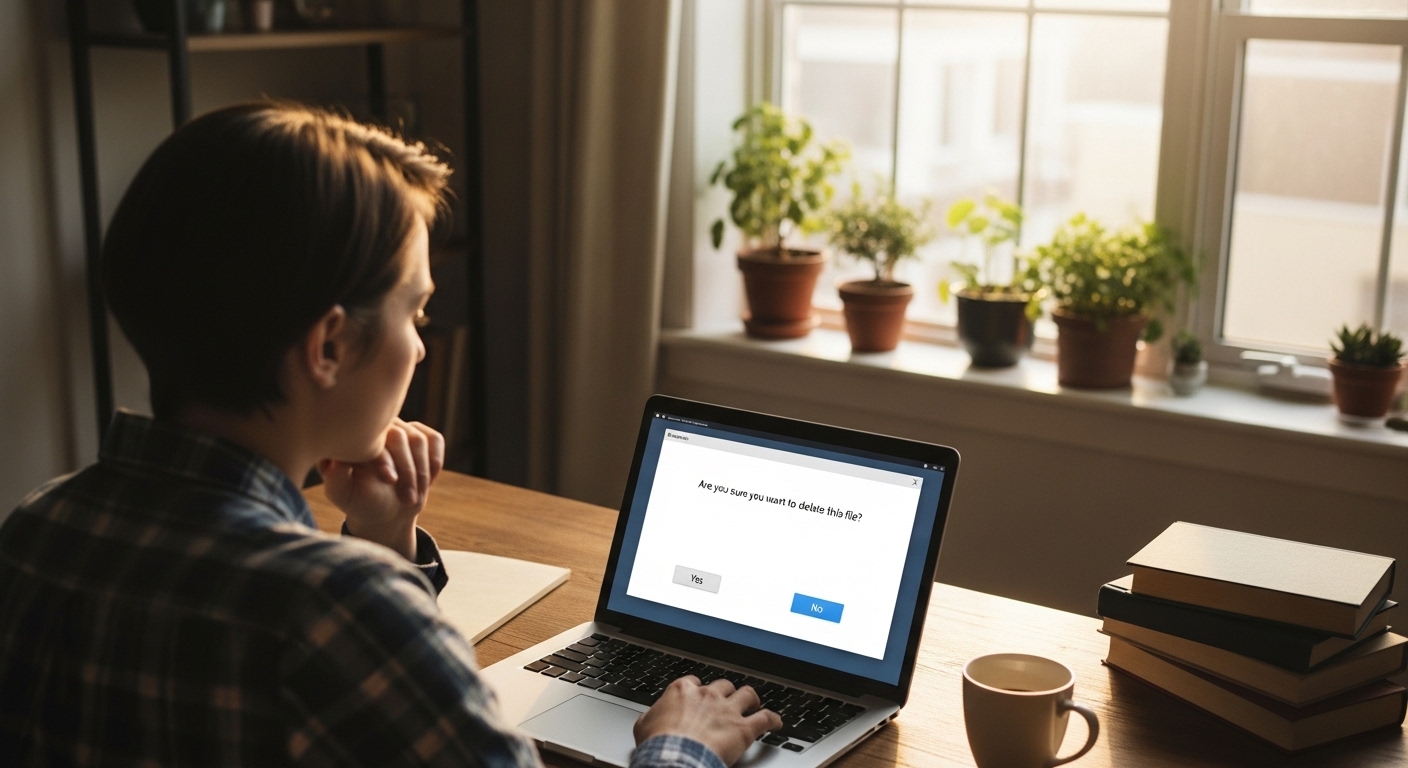 Utilisateur confirmant la suppression de fichiers sur laptop