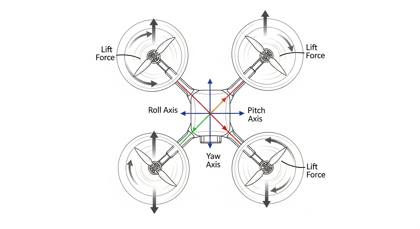 Diagram showing quadcopter flight control axes