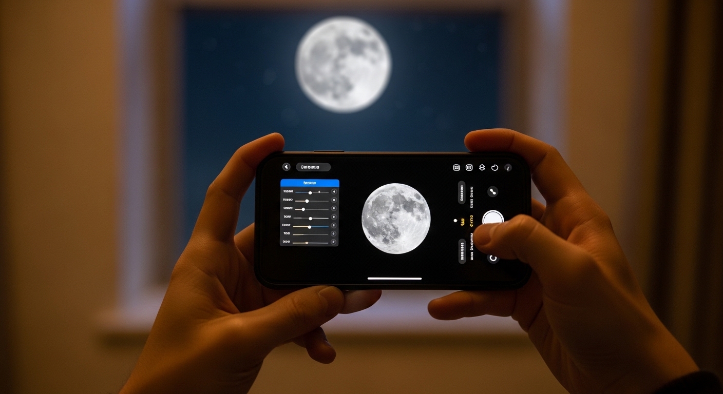 Pessoa fotografando lua cheia com aplicativo no celular