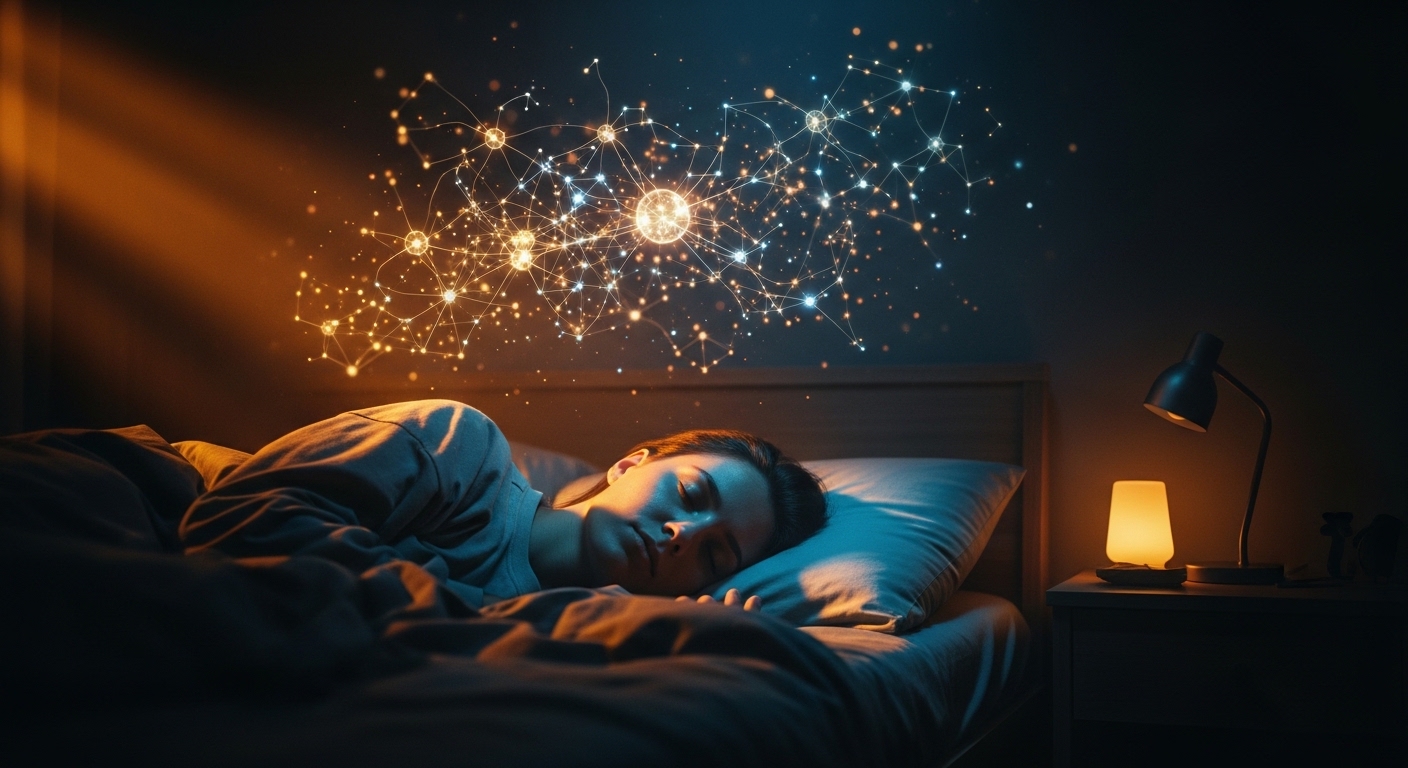 Sleeping person with neural activity visualization overhead