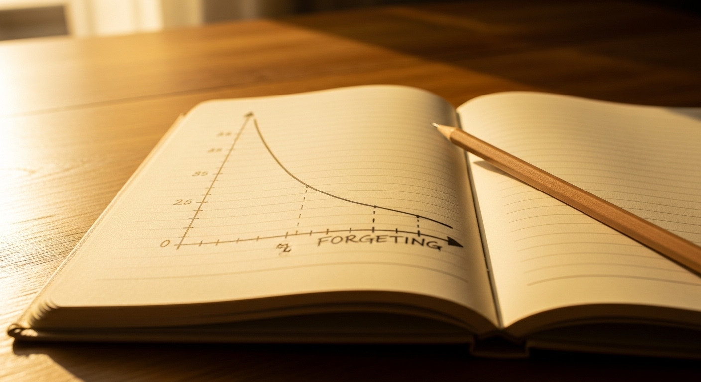 Hand-drawn forgetting curve in open notebook on desk