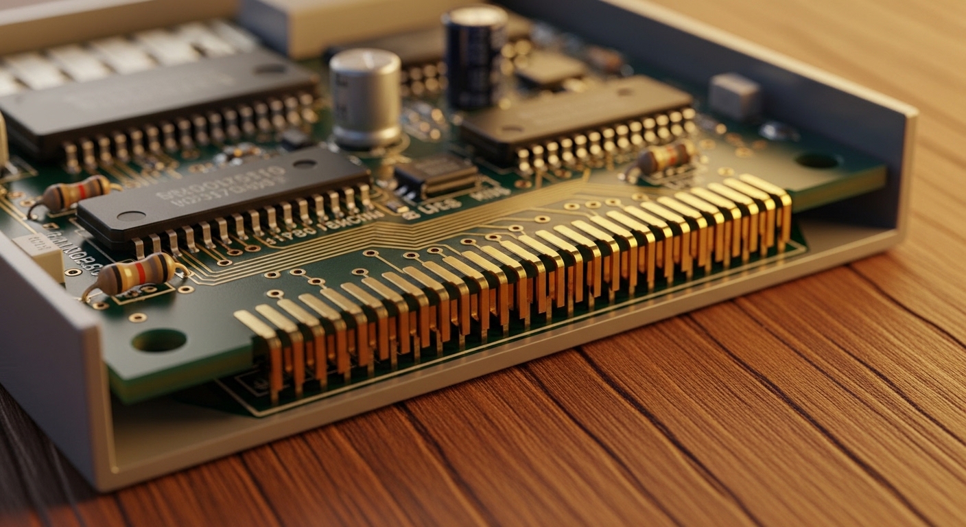 Vintage game cartridge with exposed circuit board
