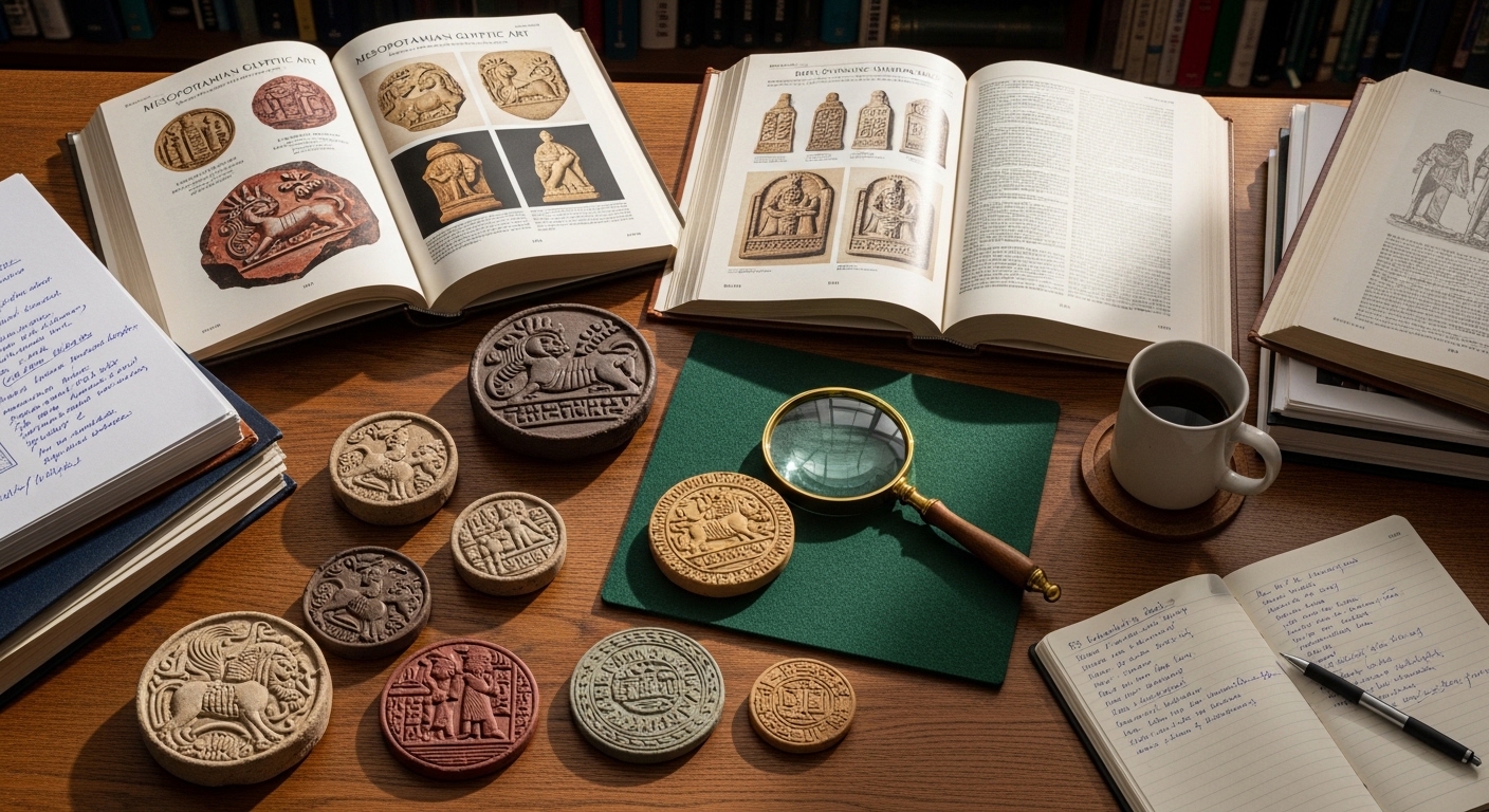 Researcher examining ancient seal impressions with magnifying glass