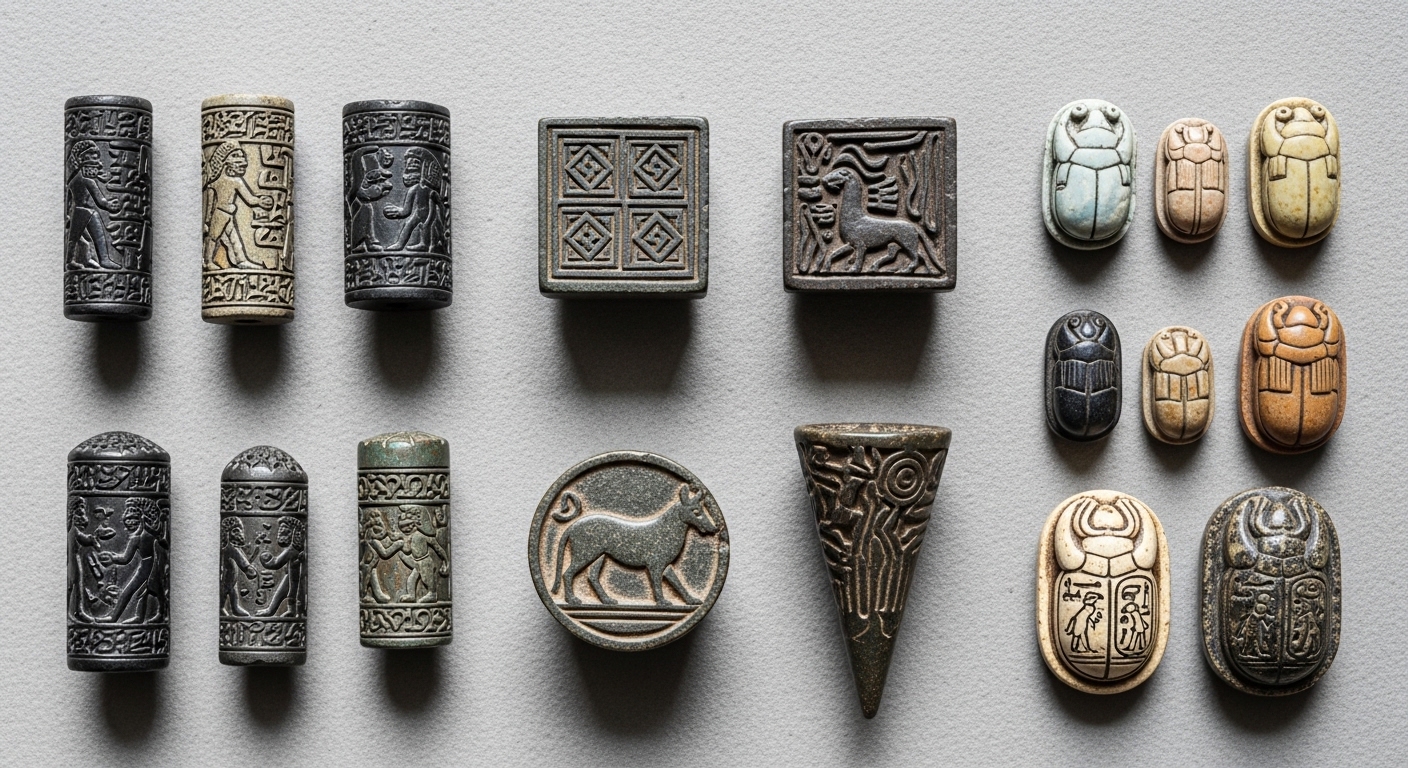Various types of ancient seals displayed on stone surface