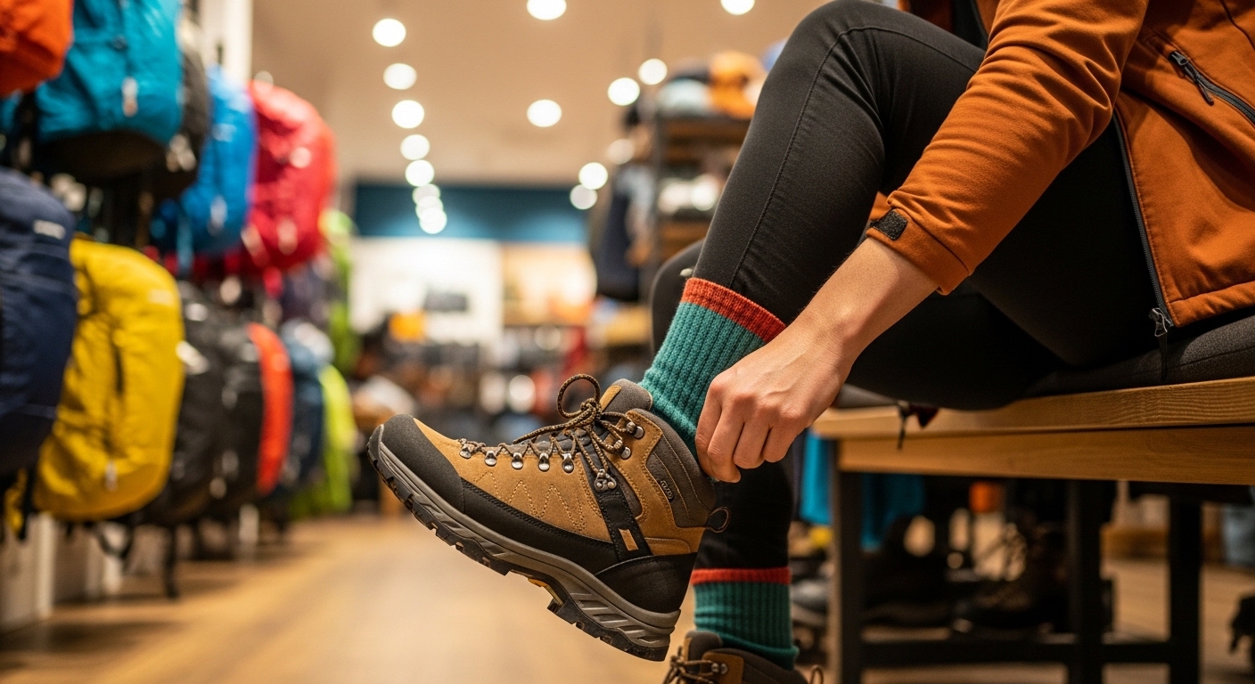 Mencoba sepatu gunung dengan kaos kaki pendakian di toko