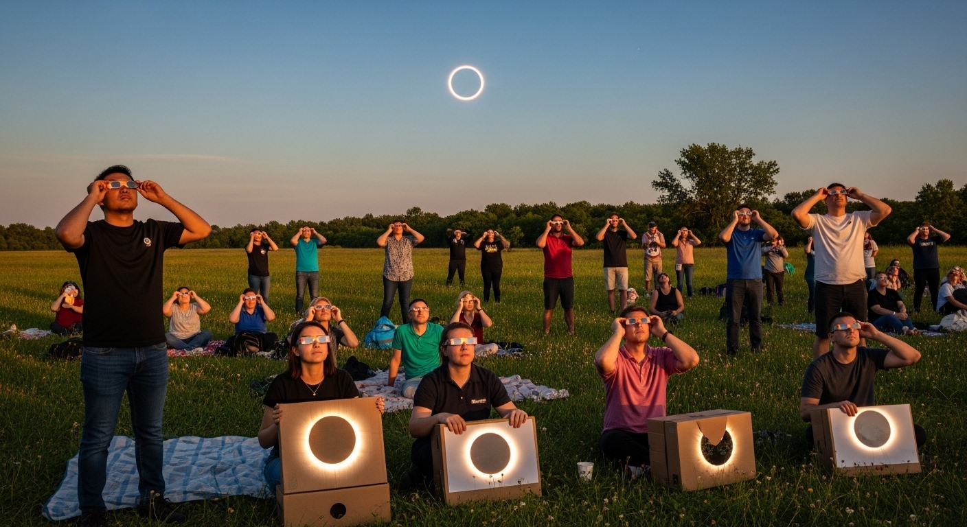 Personas observando eclipse solar con gafas certificadas