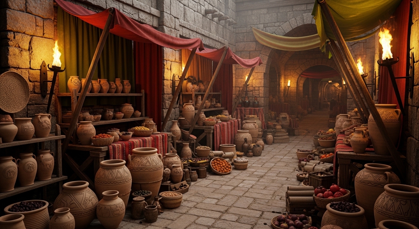 Ancient marketplace with clay jars bearing seal impressions